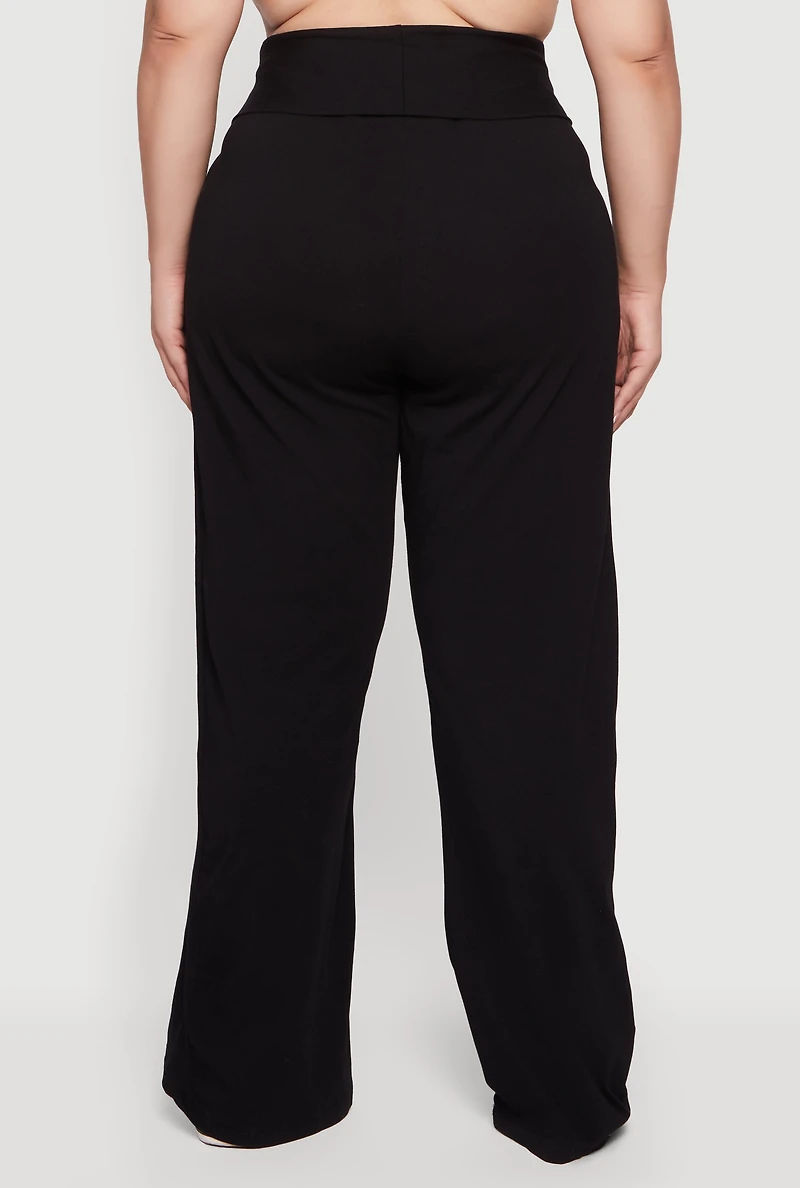 Womens Plus Fold Over High Waisted Wide Leg Pants,