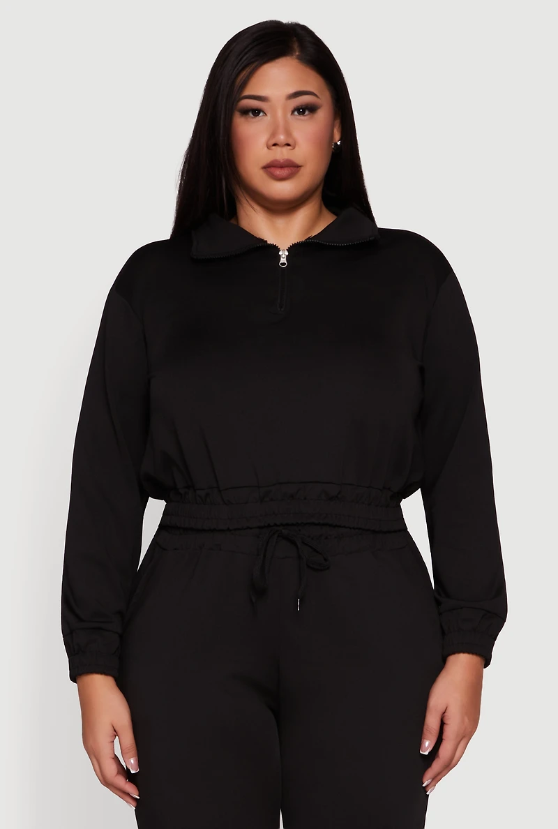 Womens Plus Scuba Cropped Quarter Zip Pullover Sweatshirt,
