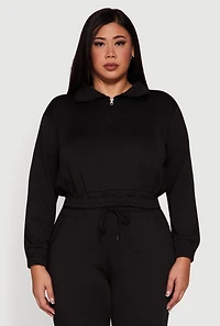 Womens Plus Scuba Cropped Quarter Zip Pullover Sweatshirt,