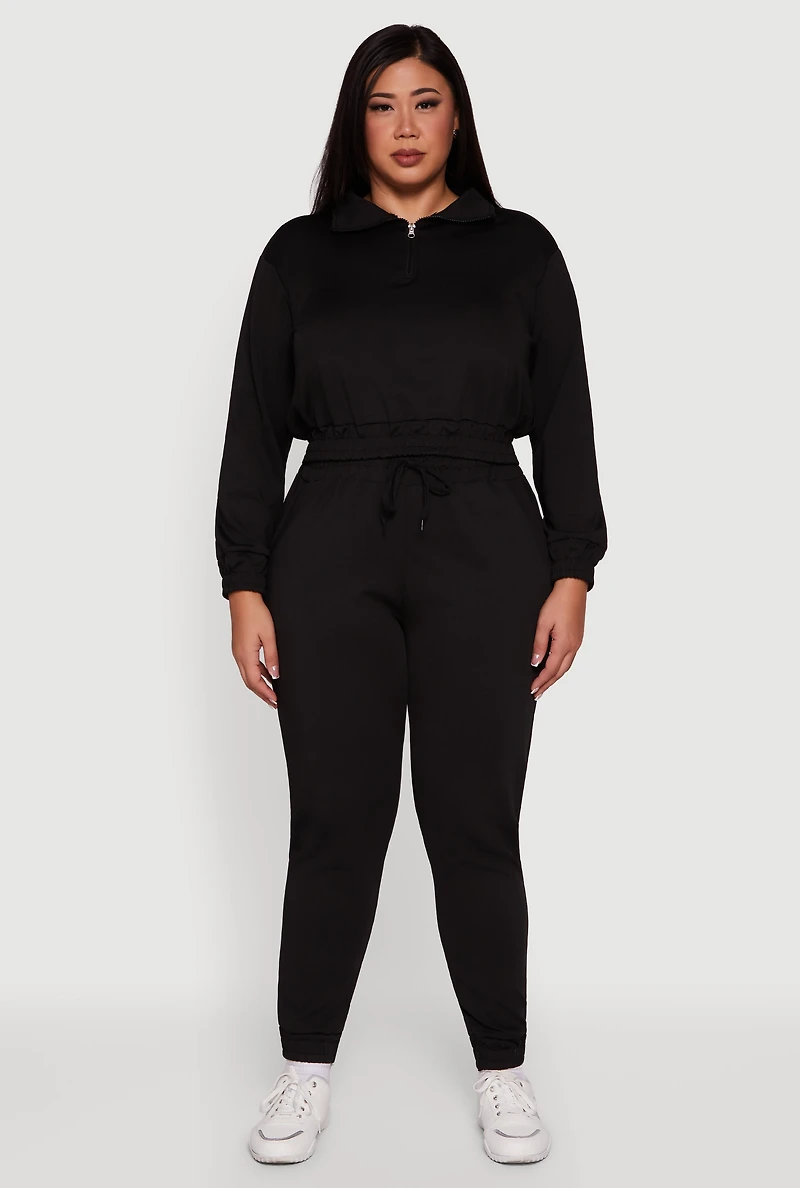 Womens Plus Size Scuba Cropped Quarter Zip Pullover Sweatshirt, Black, Size 1X