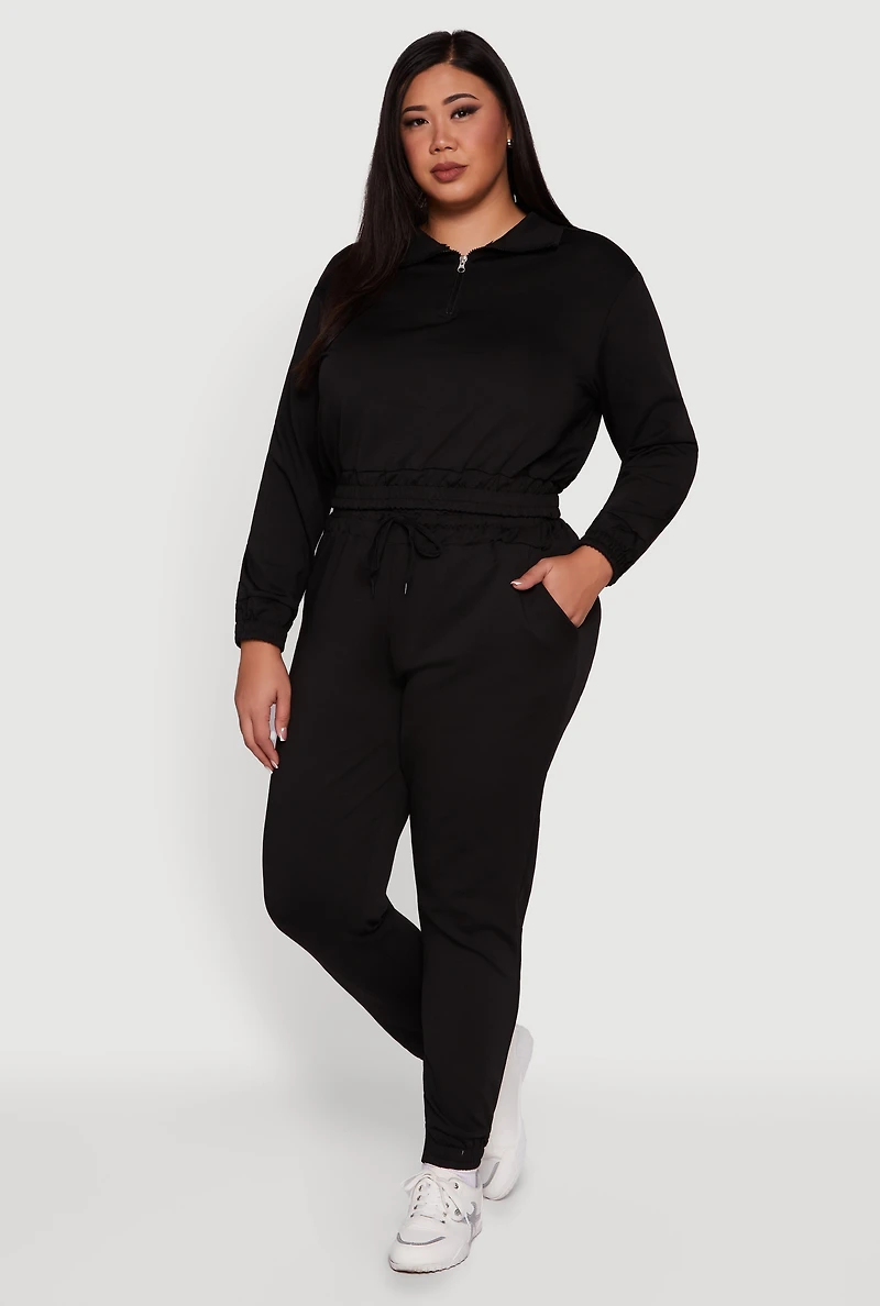 Womens Plus Size Scuba Cropped Quarter Zip Pullover Sweatshirt, Black, Size 1X