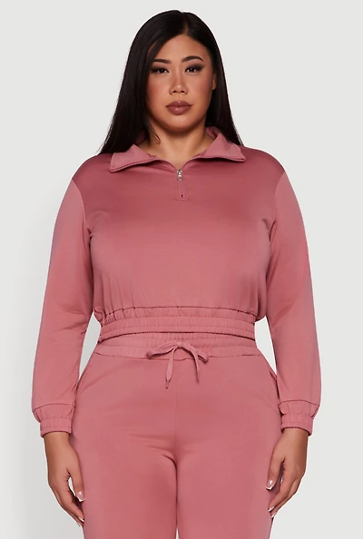 Womens Plus Size Scuba Cropped Quarter Zip Pullover Sweatshirt, Pink, Size 2X