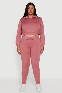 Womens Plus Size Scuba Cropped Quarter Zip Pullover Sweatshirt, Pink, Size 2X