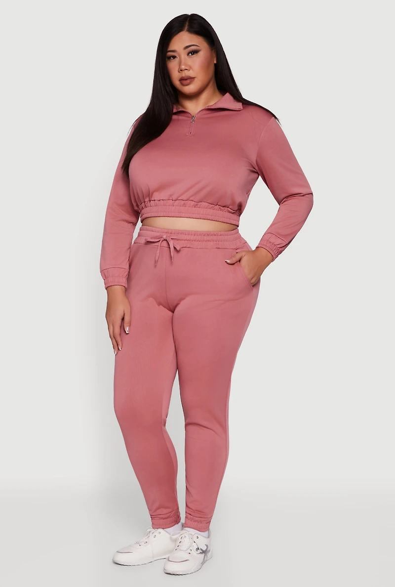 Womens Plus Size Scuba Cropped Quarter Zip Pullover Sweatshirt, Pink, Size 2X