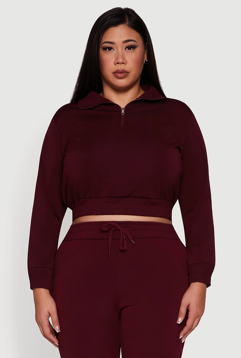 Womens Plus Size Scuba Cropped Quarter Zip Pullover Sweatshirt, Burgundy, Size 2X