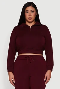 Womens Plus Size Scuba Cropped Quarter Zip Pullover Sweatshirt, Burgundy, Size 2X