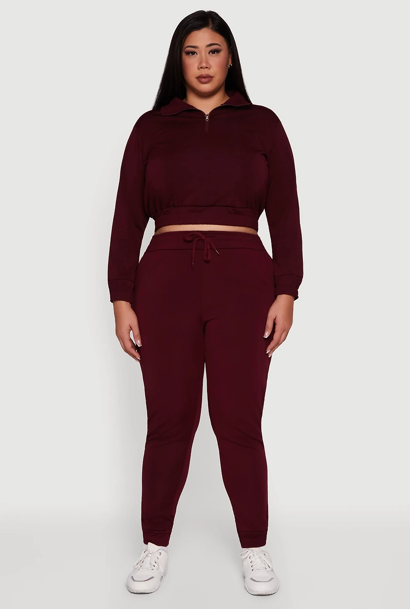 Womens Plus Size Scuba Cropped Quarter Zip Pullover Sweatshirt, Burgundy, Size 2X