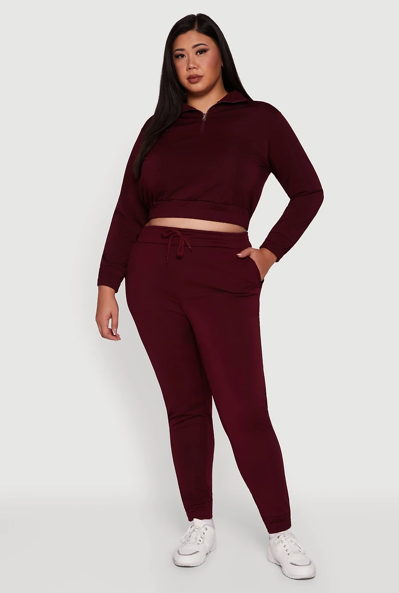 Womens Plus Size Scuba Cropped Quarter Zip Pullover Sweatshirt, Burgundy, Size 2X