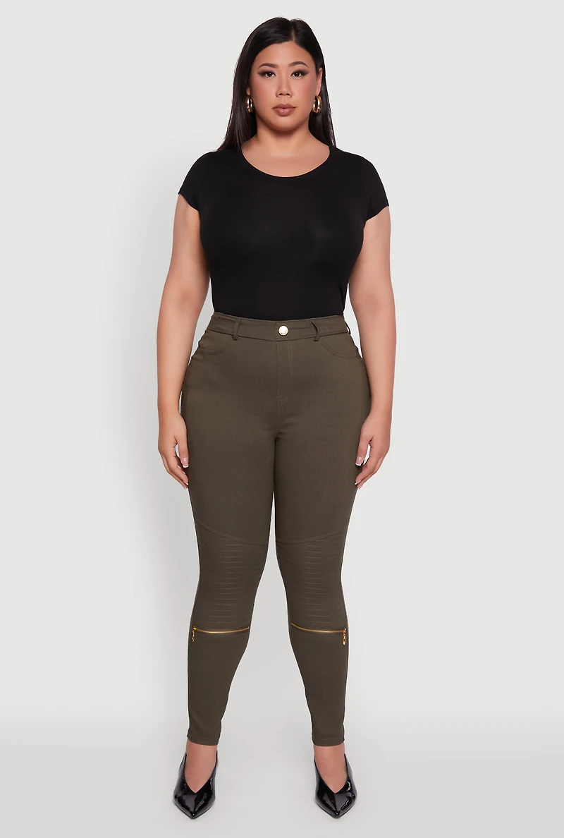 Womens Plus Size High Waisted Skinny Moto Pants, Green, Size 3X