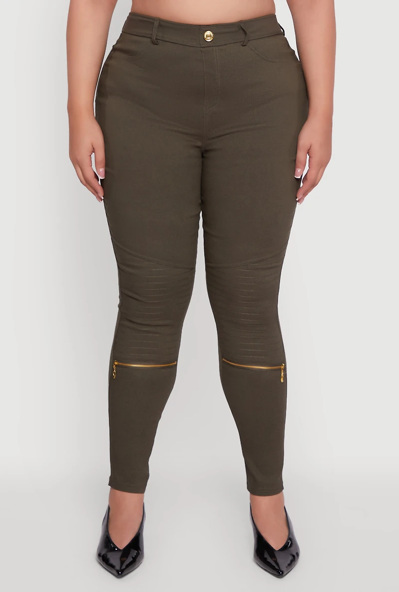 Womens Plus Size High Waisted Skinny Moto Pants, Green, Size 3X