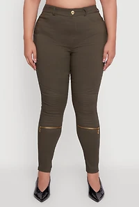 Womens Plus Size High Waisted Skinny Moto Pants, Green, Size 3X