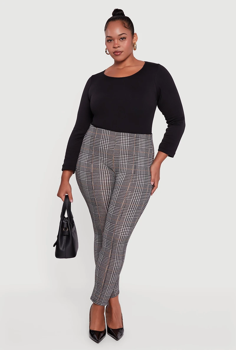 Plus Houndstooth Plaid High Waisted Dress Pants