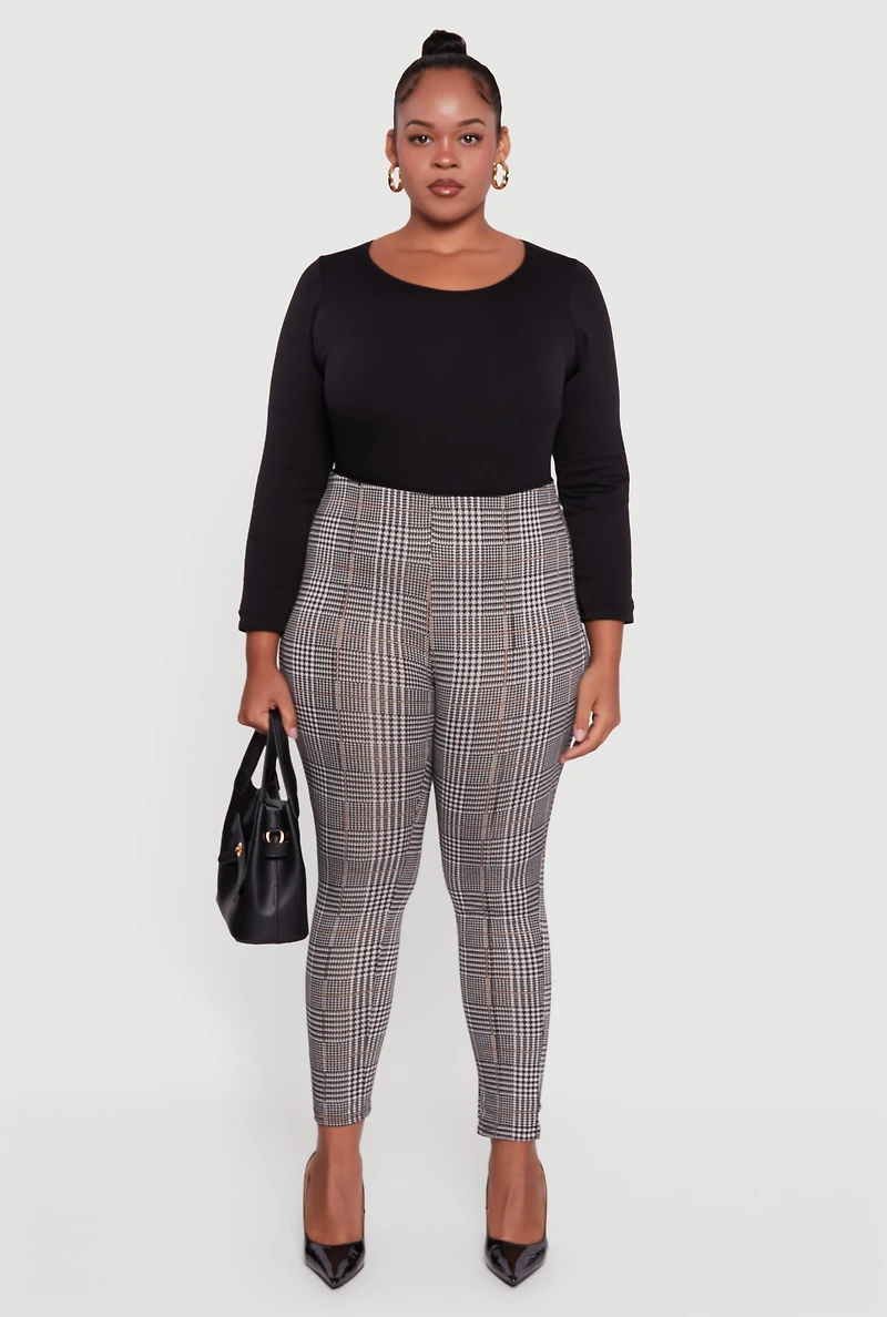 Womens Plus Size Houndstooth Plaid High Waisted Dress Pants, Multi, Size 1X