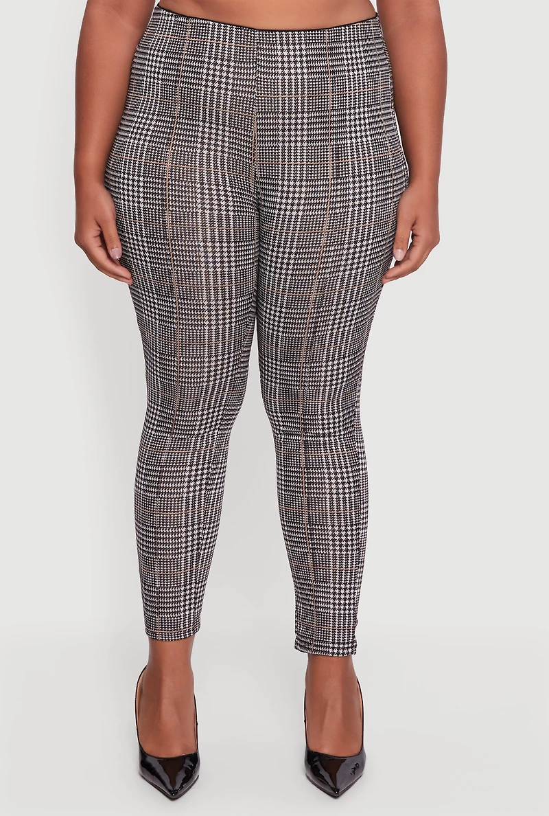 Plus Houndstooth Plaid High Waisted Dress Pants