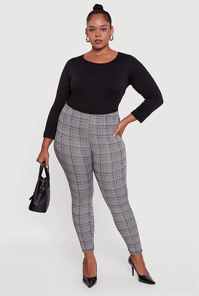 Womens Plus Houndstooth High Waisted Dress Pants, Grey,