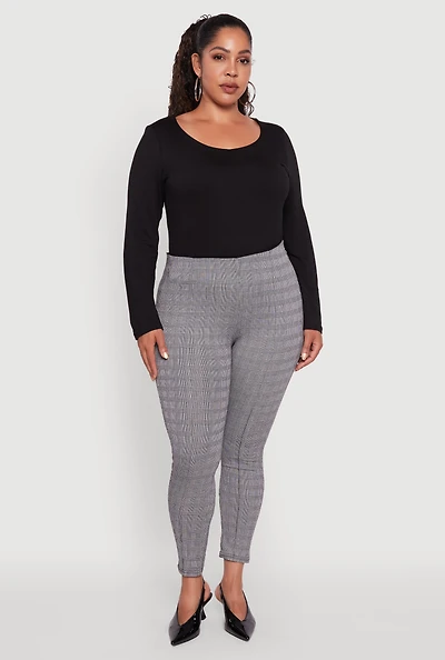 Womens Plus High Waisted Plaid Skinny Dress Pants, Grey,