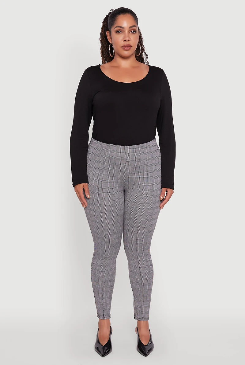 Womens Plus High Waisted Plaid Skinny Dress Pants, Grey,