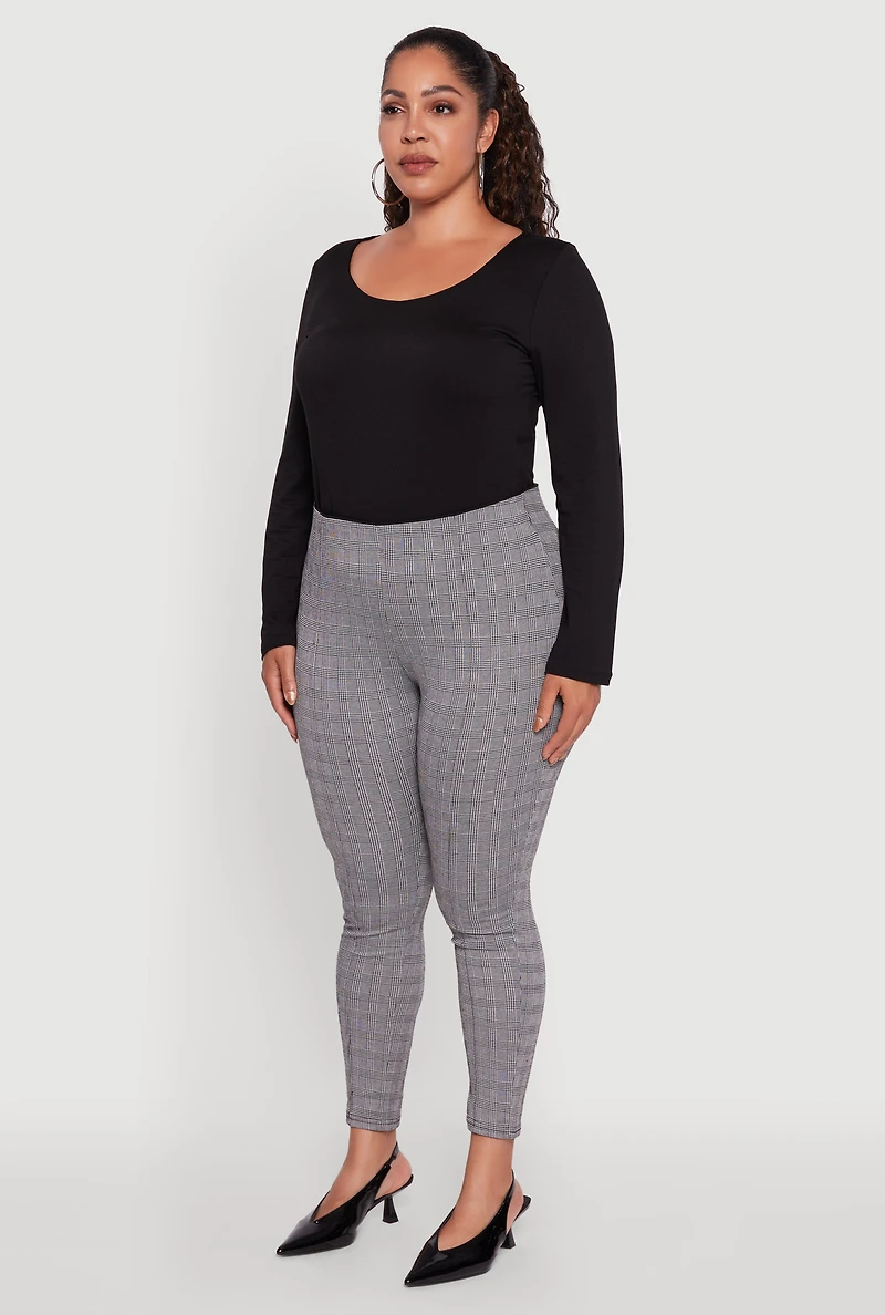Womens Plus High Waisted Plaid Skinny Dress Pants, Grey,
