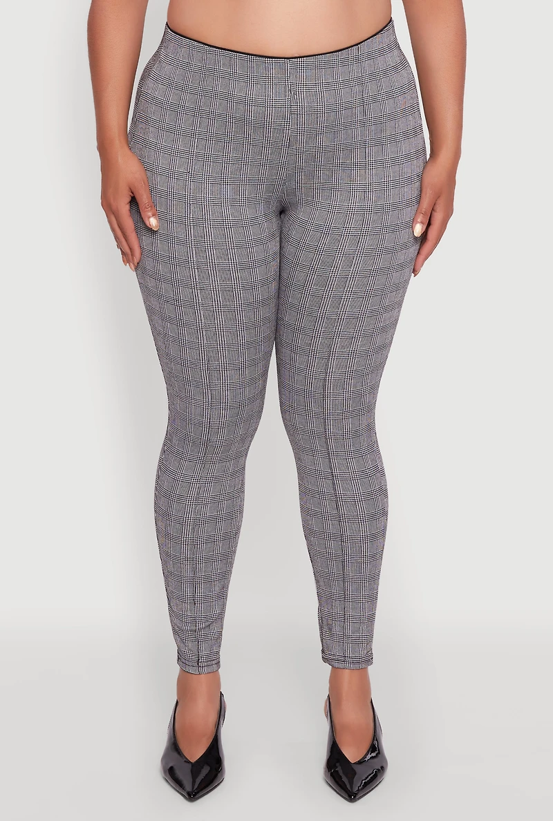 Womens Plus High Waisted Plaid Skinny Dress Pants, Grey,