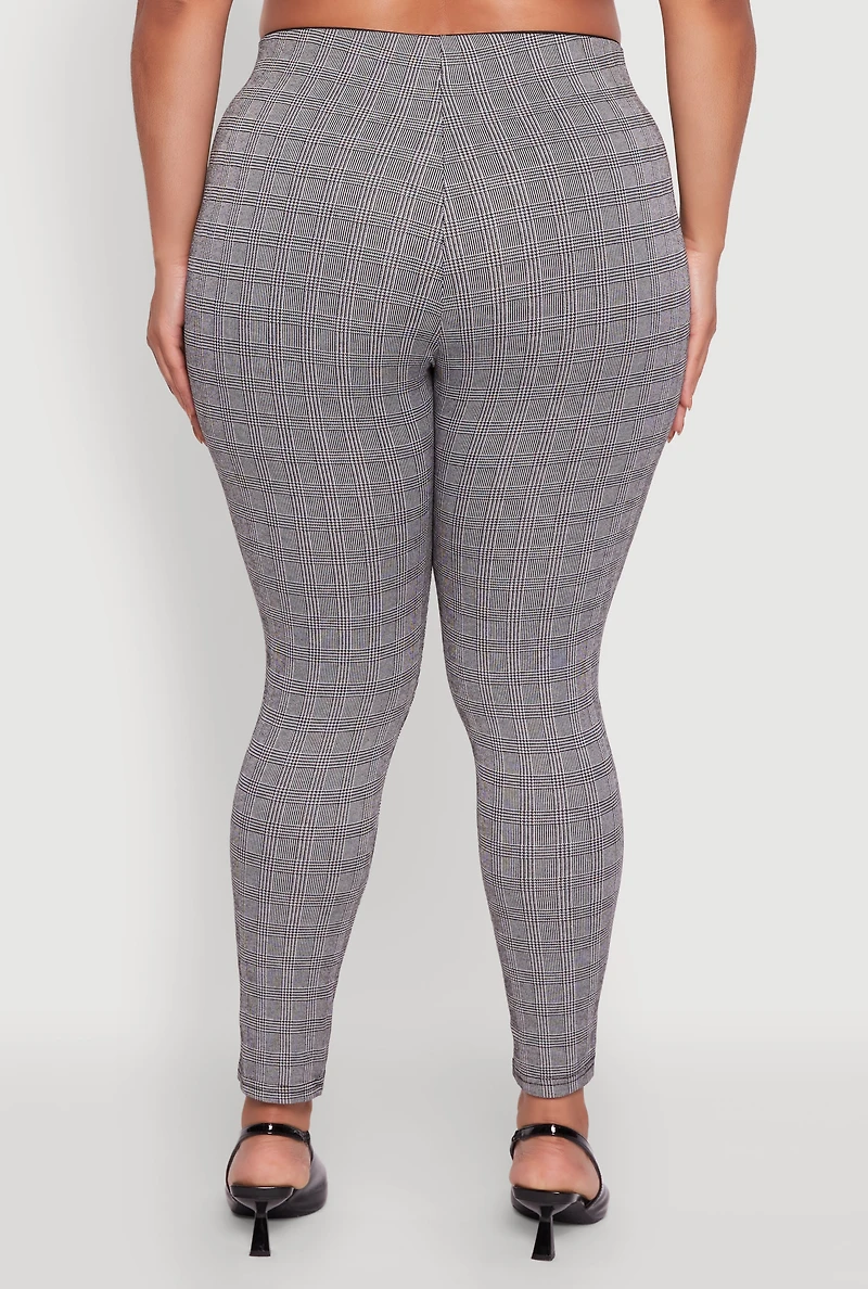 Womens Plus High Waisted Plaid Skinny Dress Pants, Grey,