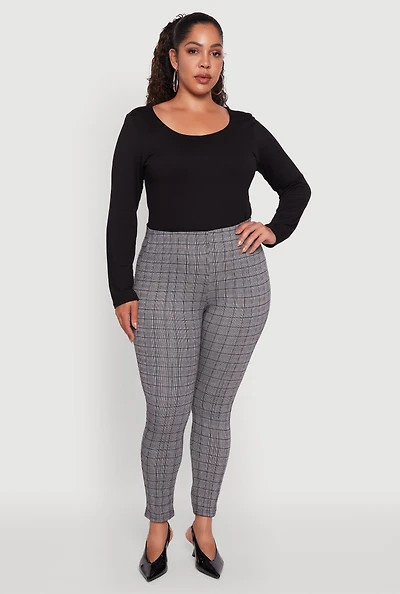 Womens Plus Size High Waist Plaid Skinny Dress Pants, Grey, Size 3X