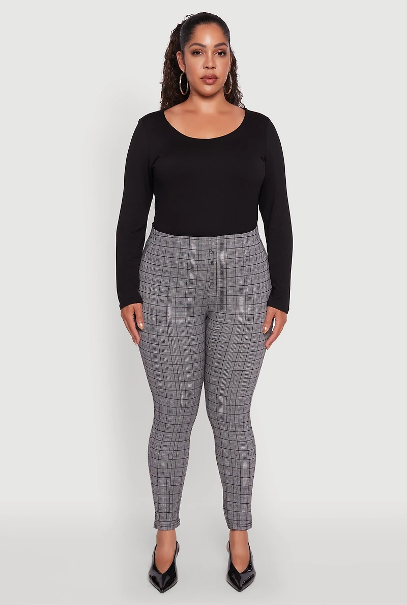 Womens Plus Size High Waist Plaid Skinny Dress Pants, Grey, Size 1X