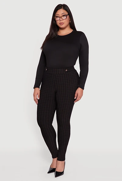 Womens Plus Size High Waisted Plaid Scuba Dress Pants, Black, Size 2X