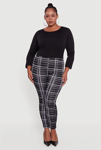 Womens Plus High Waisted Skinny Pull On Plaid Pants, Black,