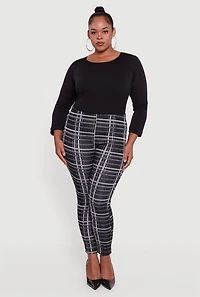 Womens Plus High Waisted Skinny Pull On Plaid Pants, Black,