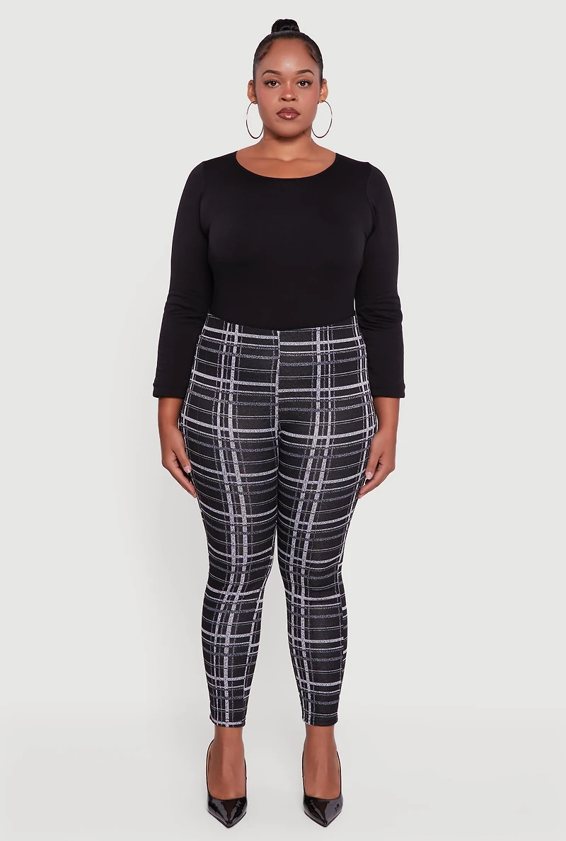 Womens Plus High Waisted Skinny Pull On Plaid Pants, Black,