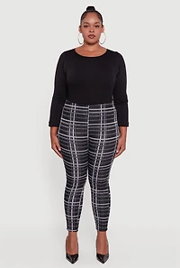 Womens Plus High Waisted Skinny Pull On Plaid Pants, Black,