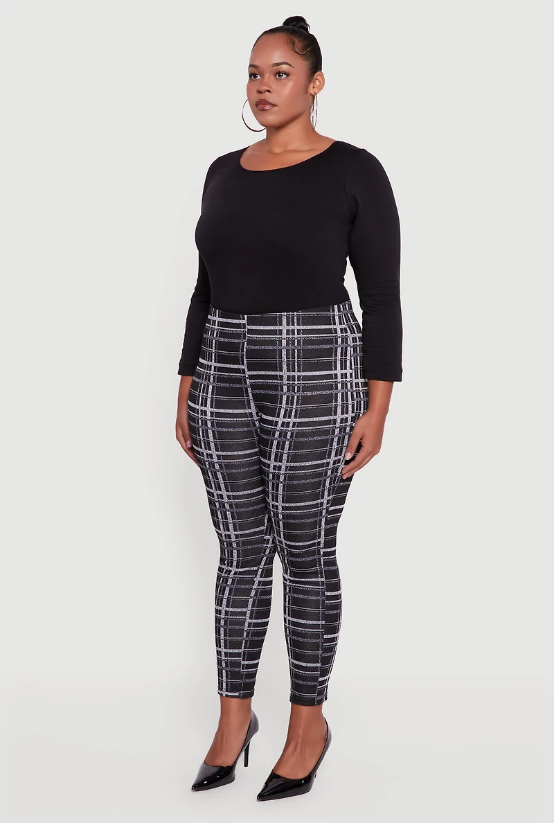 Womens Plus High Waisted Skinny Pull On Plaid Pants, Black,