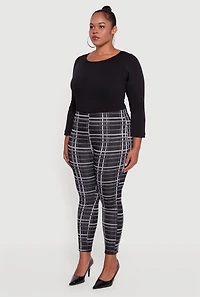 Womens Plus High Waisted Skinny Pull On Plaid Pants, Black,