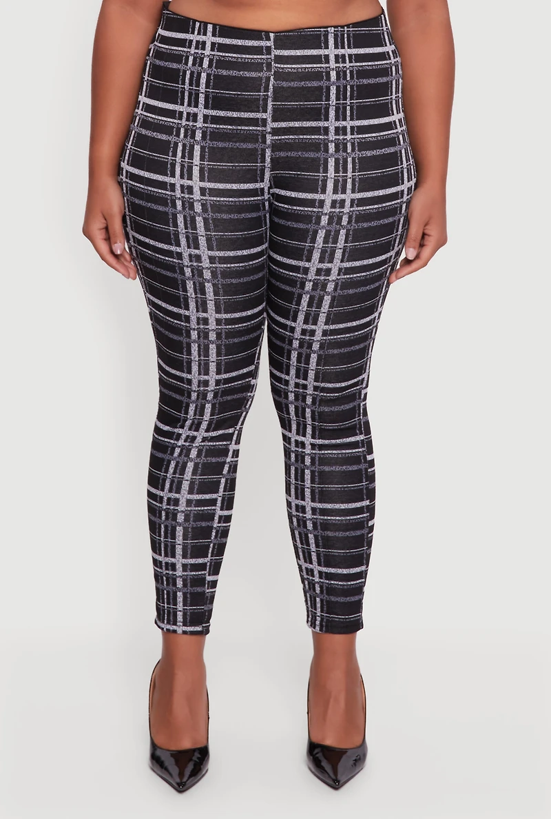 Womens Plus High Waisted Skinny Pull On Plaid Pants, Black,