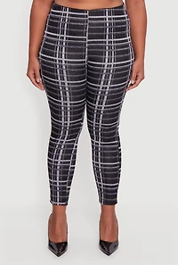 Womens Plus High Waisted Skinny Pull On Plaid Pants, Black,