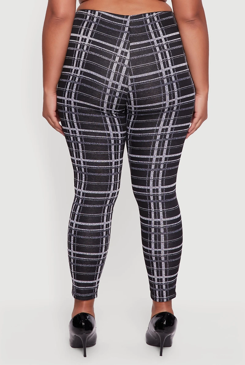 Womens Plus High Waisted Skinny Pull On Plaid Pants, Black,