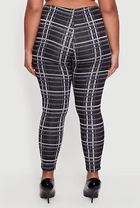 Womens Plus High Waisted Skinny Pull On Plaid Pants, Black,