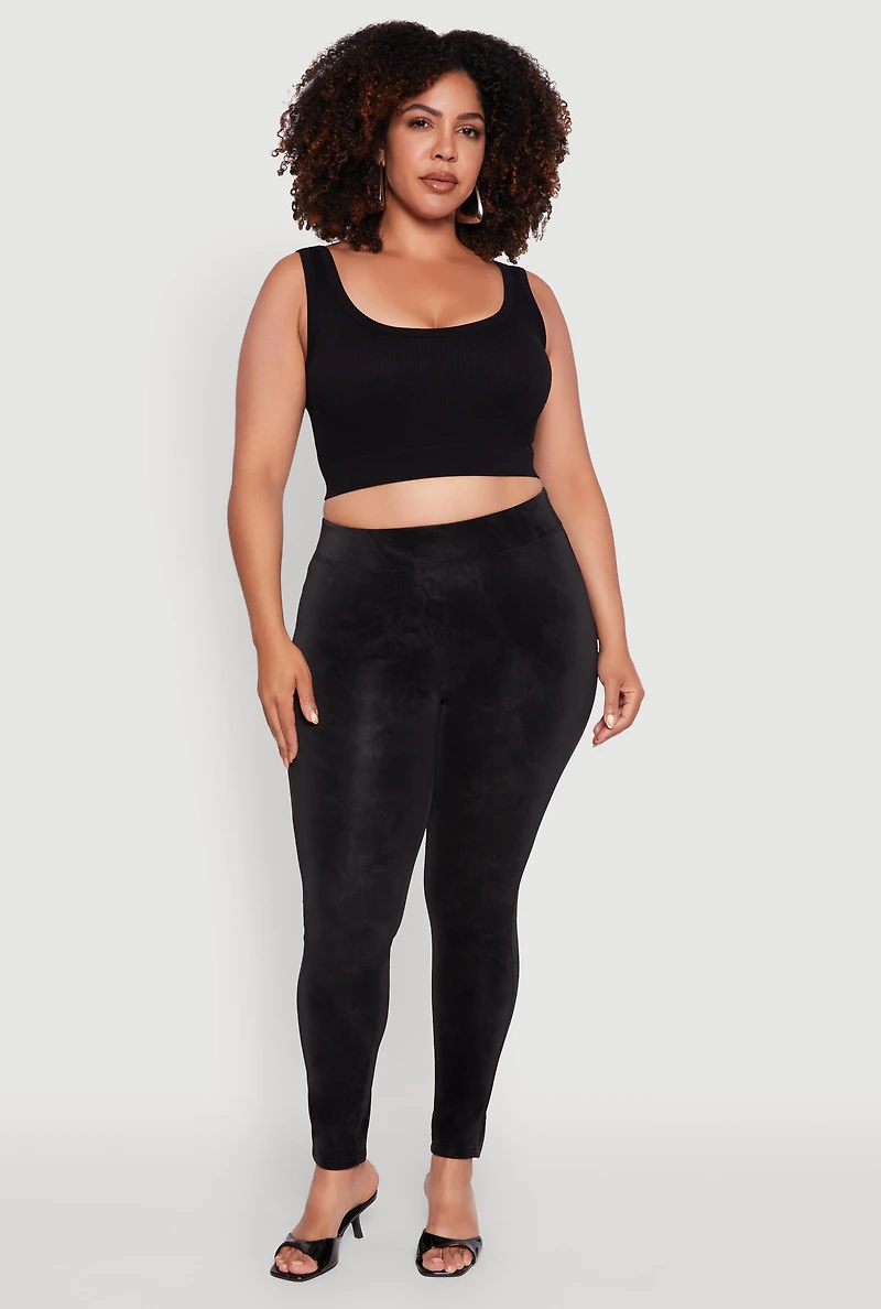 Womens Plus High Waisted Lined Leather Look Leggings, Black,