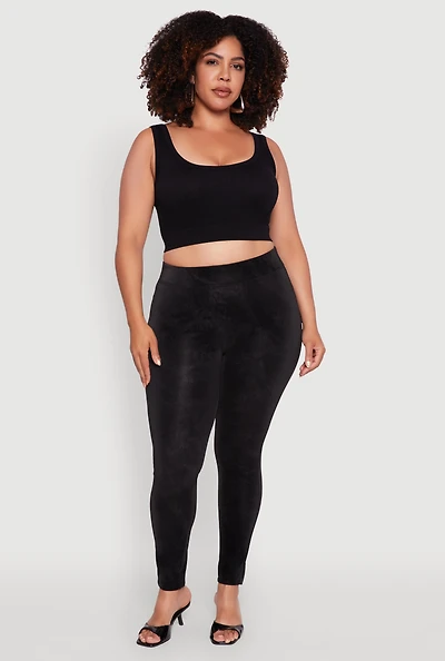Womens Plus High Waisted Lined Leather Look Leggings, Black,