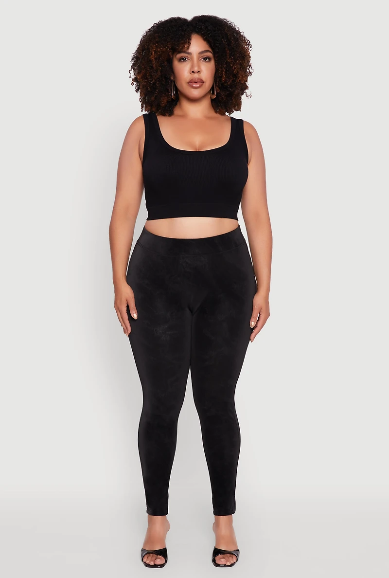 Womens Plus High Waisted Lined Leather Look Leggings, Black,