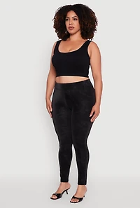 Womens Plus High Waisted Lined Leather Look Leggings, Black,