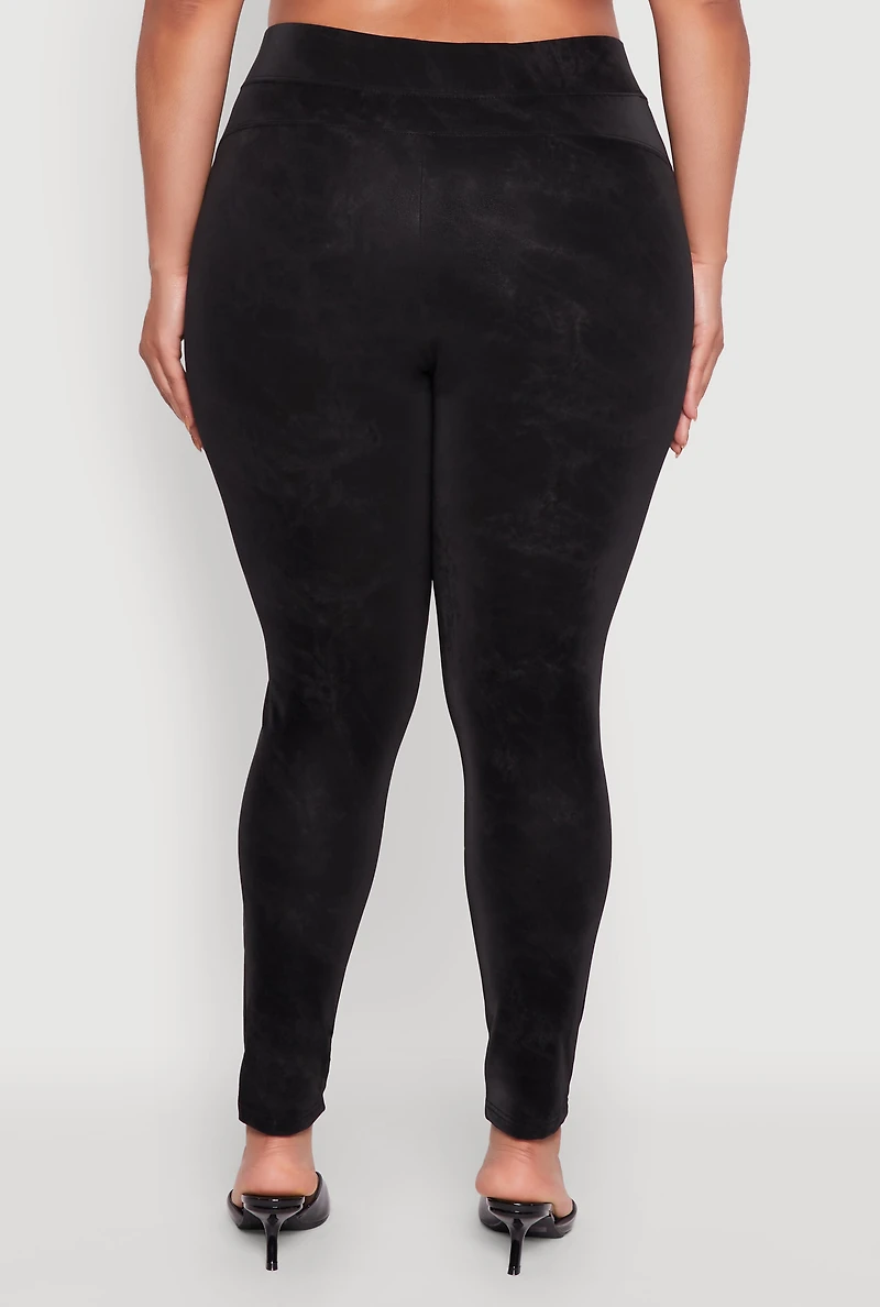 Womens Plus High Waisted Lined Leather Look Leggings, Black,