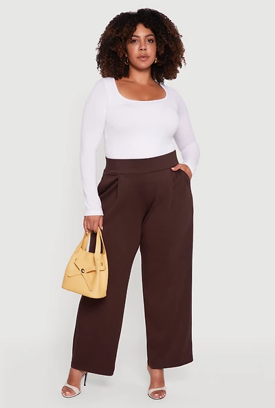 Womens Plus Size High Waisted Wide Leg Pants with Pockets, Brown, Size 3X