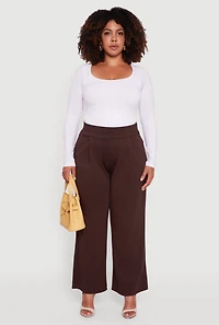 Womens Plus Size High Waisted Wide Leg Pants with Pockets, Brown, Size 3X