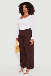 Womens Plus Size High Waisted Wide Leg Pants with Pockets, Brown, Size 3X