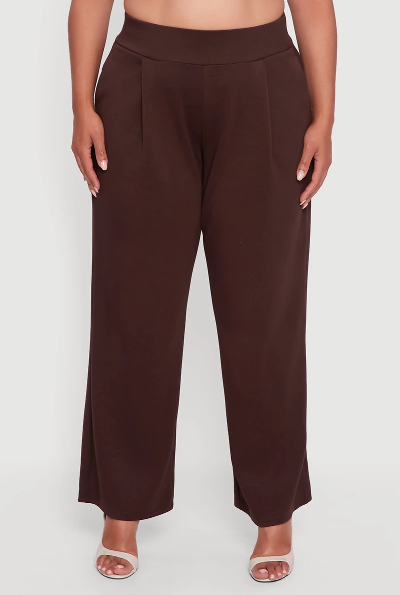 Womens Plus Size High Waisted Wide Leg Pants with Pockets, Brown, Size 3X