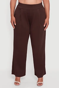 Womens Plus Size High Waisted Wide Leg Pants with Pockets, Brown, Size 3X