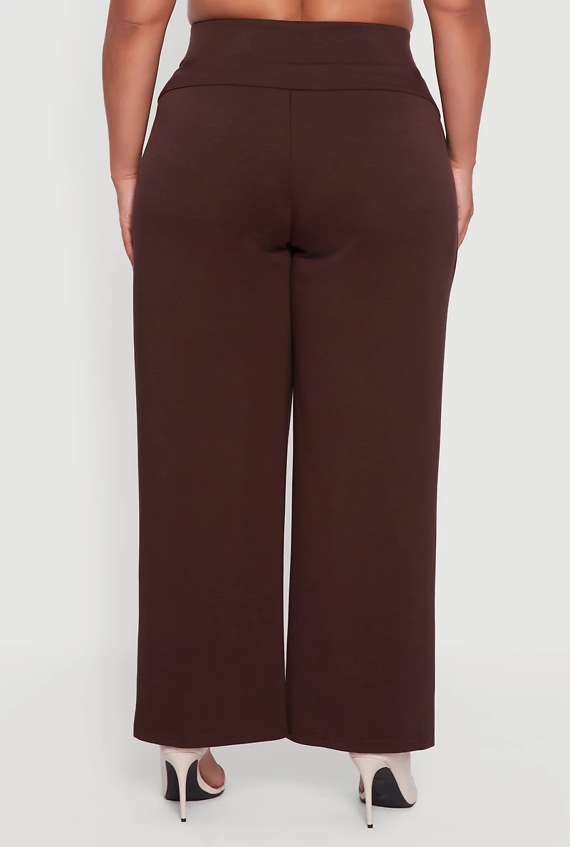 Womens Plus Size High Waisted Wide Leg Pants with Pockets, Brown, Size 3X