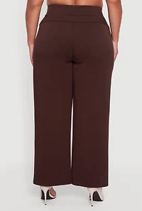 Womens Plus Size High Waisted Wide Leg Pants with Pockets, Brown, Size 3X