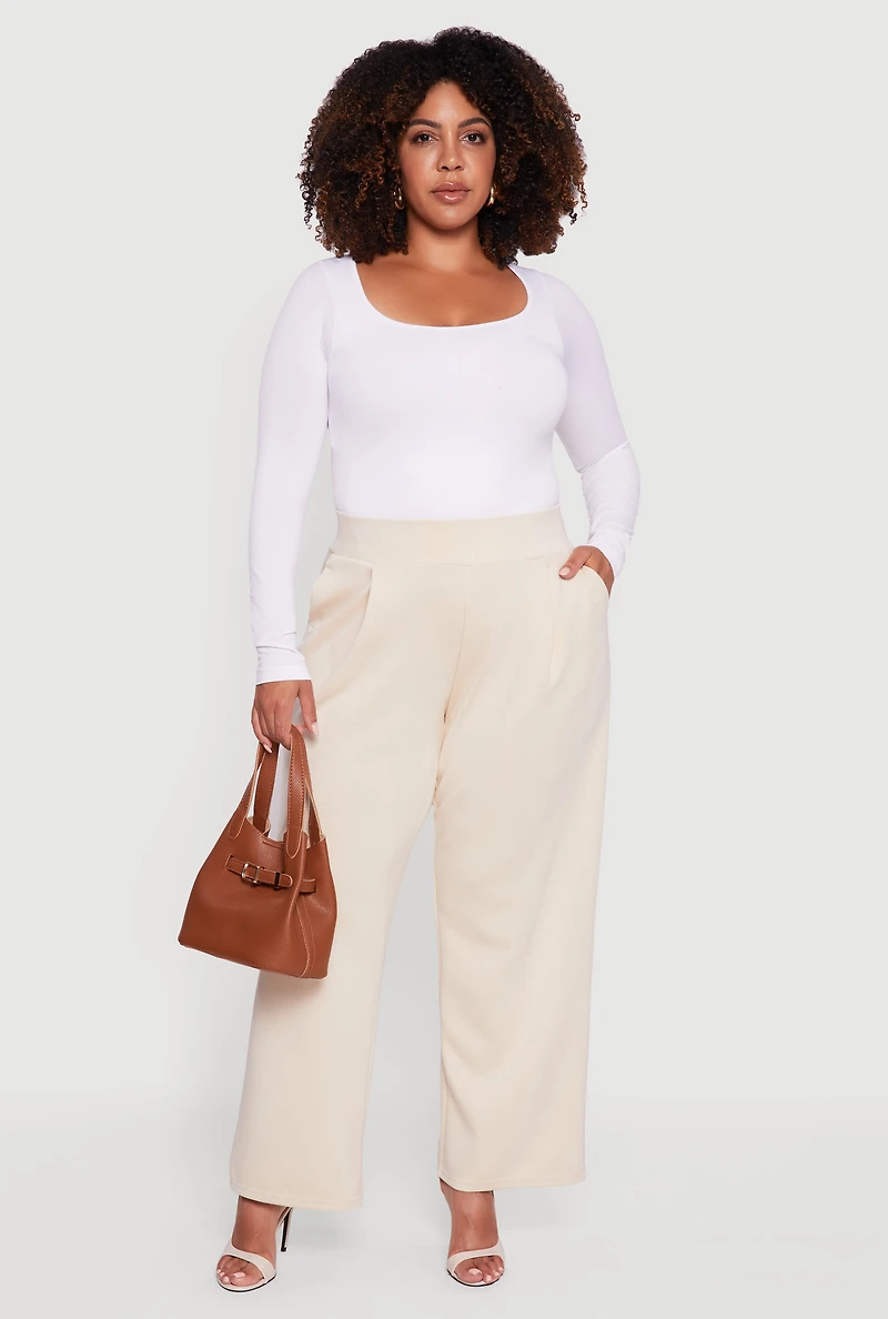 Womens Plus Size High Waisted Wide Leg Pants with Pockets, Khaki, Size 2X